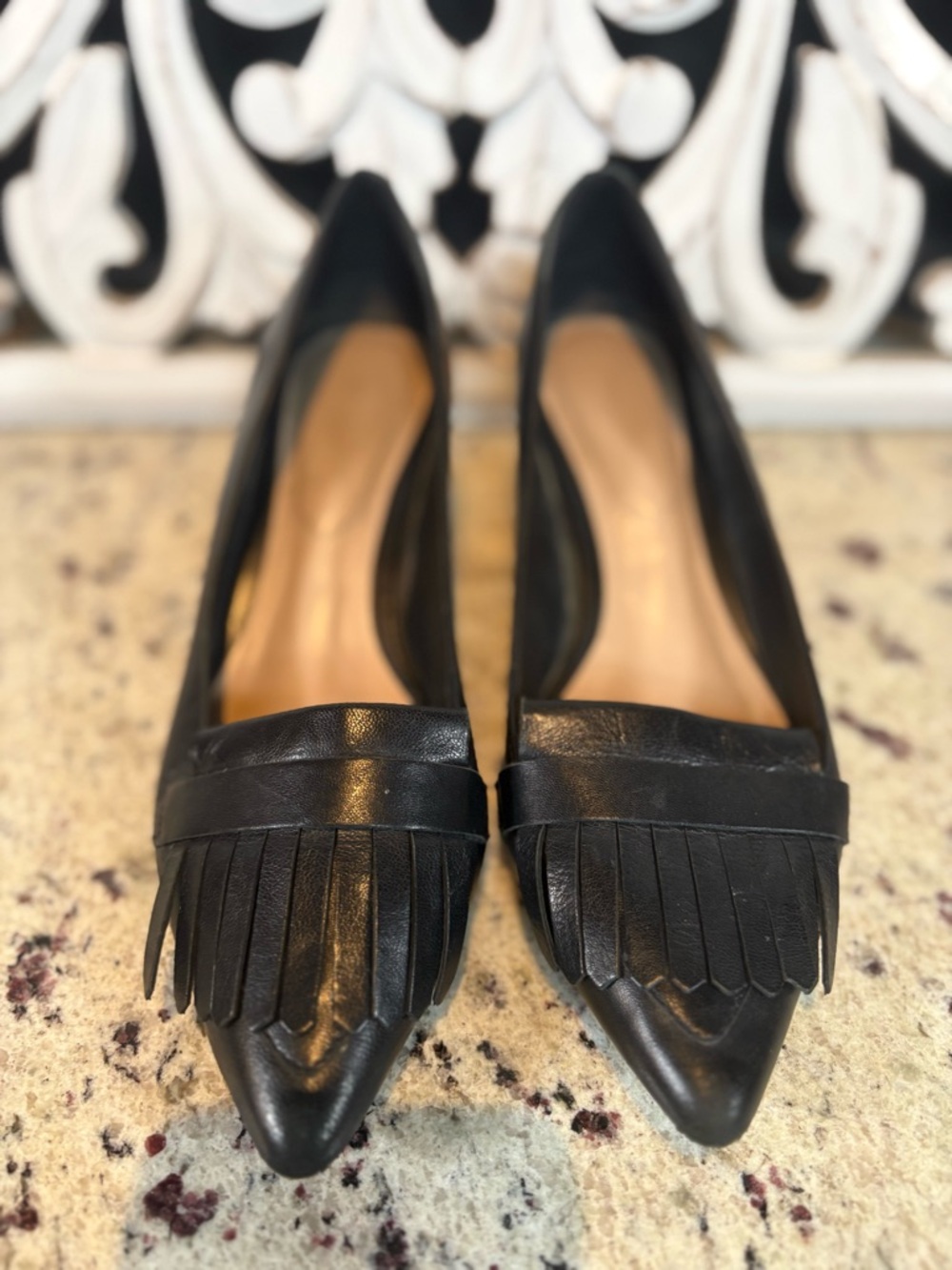Aldo Womens Black Leather Pointed Fringe Kitten Heels Size 6.5